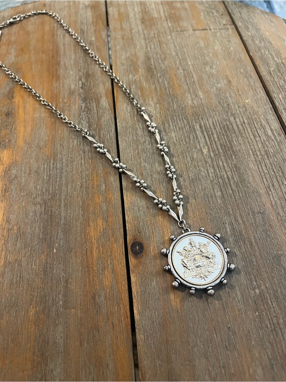Two Tone Coin Pendant Necklace with Decorative Chain